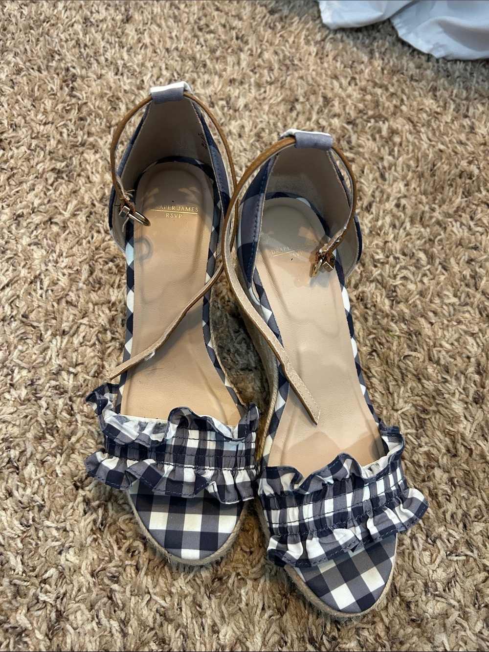 Draper James Navy and White Gingham Ruffle Ankle-Strap Sandals